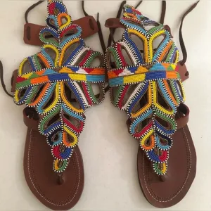 AFRICAN - Beautifully Vibrant Colorful Hand Beaded Sandals Size 38/7.5 to 8 NWOT