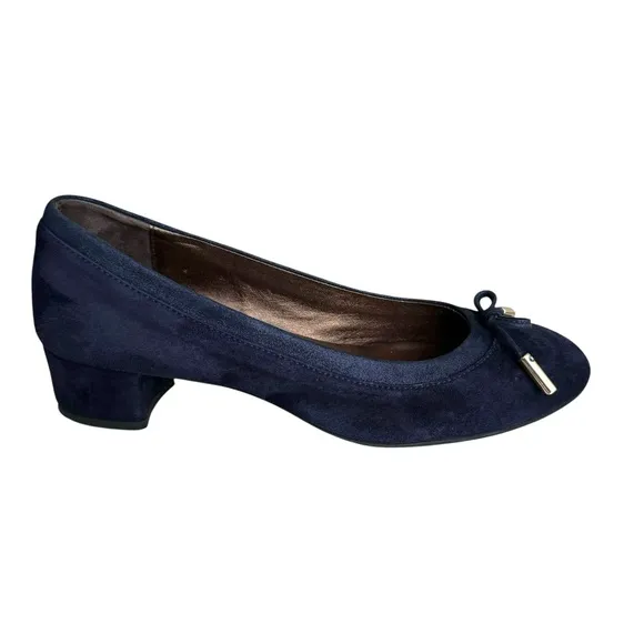 AGL Navy Blue Suede Chunky Heel Italian Shoes Leather Bow Detail Women’s 38