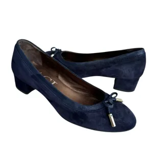 AGL Navy Blue Suede Chunky Heel Italian Shoes Leather Bow Detail Women’s 38