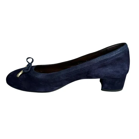 AGL Navy Blue Suede Chunky Heel Italian Shoes Leather Bow Detail Women’s 38