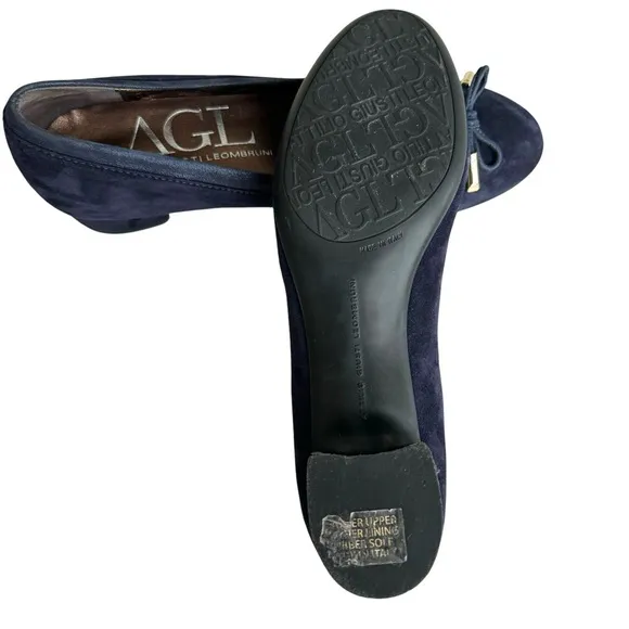AGL Navy Blue Suede Chunky Heel Italian Shoes Leather Bow Detail Women’s 38