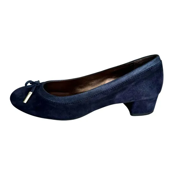AGL Navy Blue Suede Chunky Heel Italian Shoes Leather Bow Detail Women’s 38