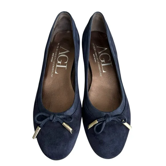 AGL Navy Blue Suede Chunky Heel Italian Shoes Leather Bow Detail Women’s 38