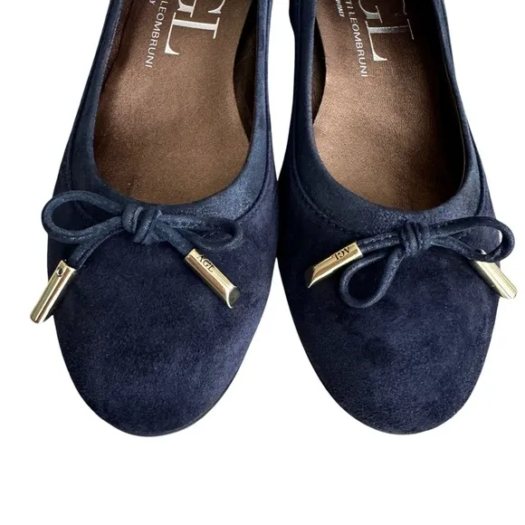 AGL Navy Blue Suede Chunky Heel Italian Shoes Leather Bow Detail Women’s 38
