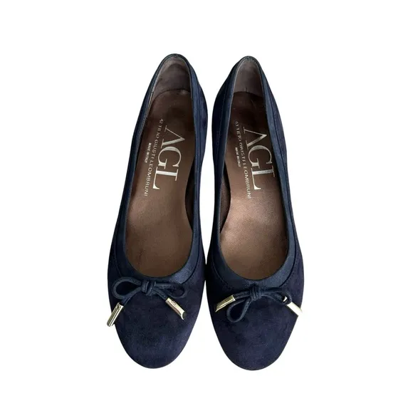 AGL Navy Blue Suede Chunky Heel Italian Shoes Leather Bow Detail Women’s 38