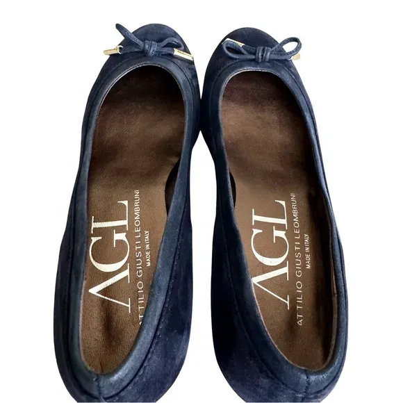 AGL Navy Blue Suede Chunky Heel Italian Shoes Leather Bow Detail Women’s 38
