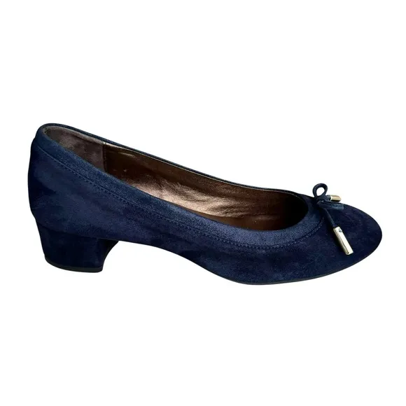 AGL Navy Blue Suede Chunky Heel Italian Shoes Leather Bow Detail Women’s 38