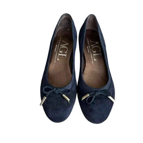 AGL Navy Blue Suede Chunky Heel Italian Shoes Leather Bow Detail Women’s 38