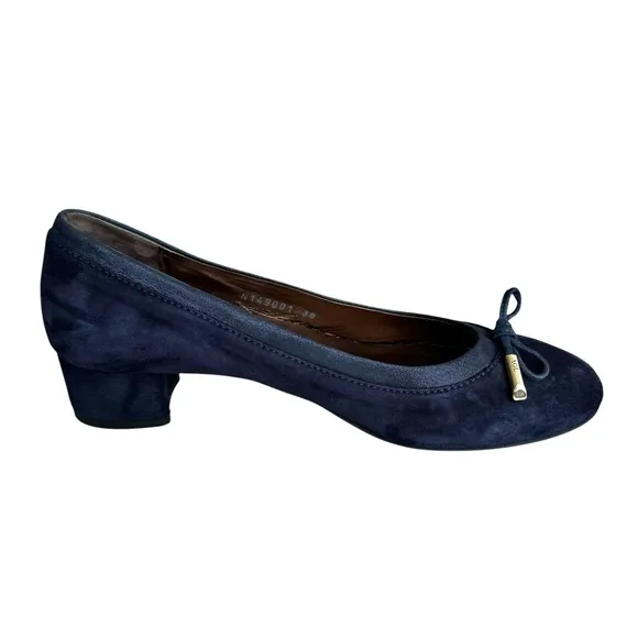 AGL Navy Blue Suede Chunky Heel Italian Shoes Leather Bow Detail Women’s 38