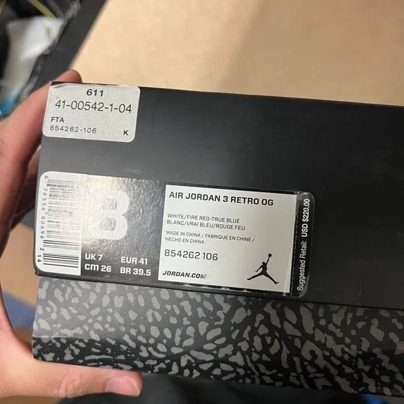 Air Jordan 3 Retro OG Shoes Men 8 White True Blue 85426-106 Jumpman New