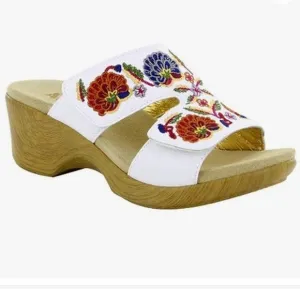 Alegria Embroidered Leather Slip-on Wedge Sandals