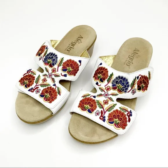 Alegria Embroidered Leather Slip-on Wedge Sandals