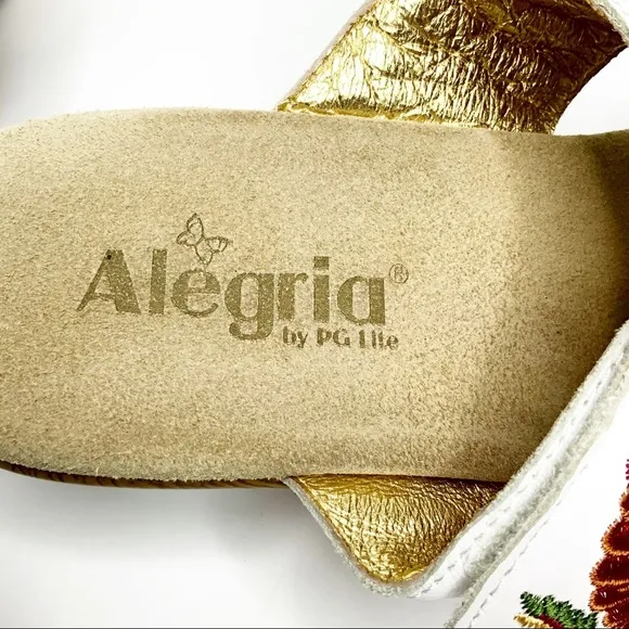 Alegria Embroidered Leather Slip-on Wedge Sandals