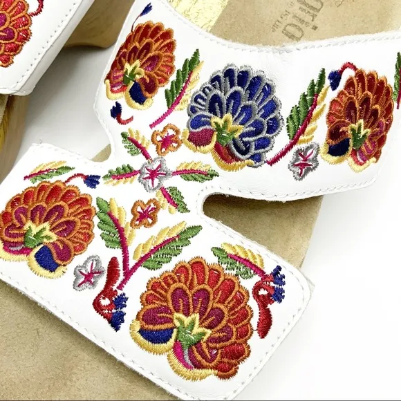 Alegria Embroidered Leather Slip-on Wedge Sandals