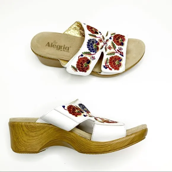 Alegria Embroidered Leather Slip-on Wedge Sandals