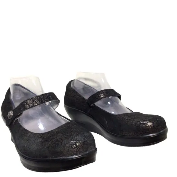 ALEGRIA Flair Mary Jane Wedge Shoes 10 Slip Resistant Black Pewter Florette Flor