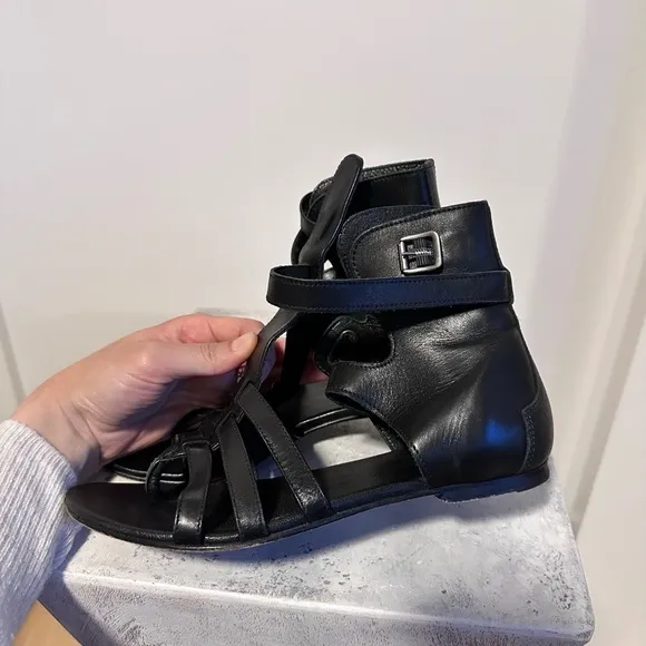 All saints Alomar black leather thong gladiator ankle strap sandals 38/8