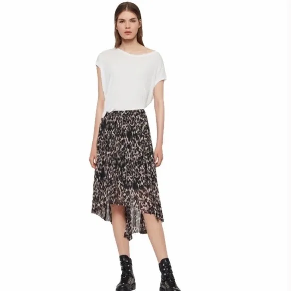 All Saints Leah Asymmetrical Leopard Print High Low Skirt