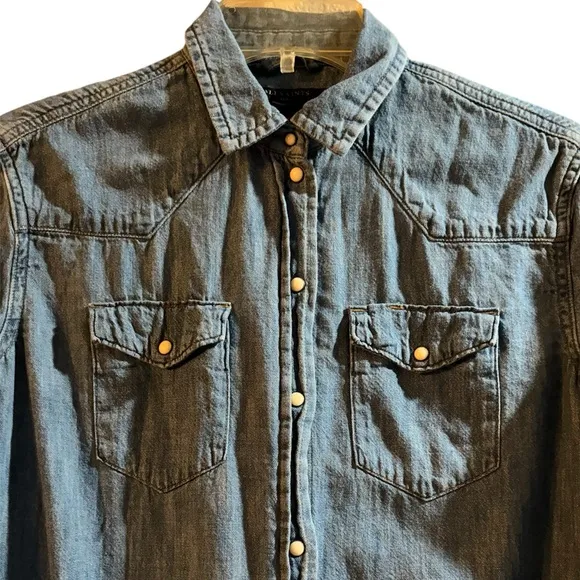ALL SAINTS Zelda denim chambray mini dress lg sleeve pearl snap fraw hem Small