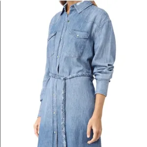 ALL SAINTS Zelda denim chambray mini dress lg sleeve pearl snap fraw hem Small