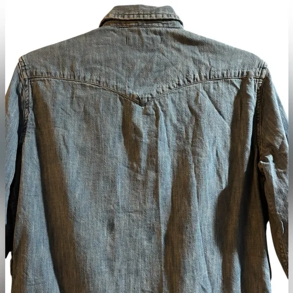 ALL SAINTS Zelda denim chambray mini dress lg sleeve pearl snap fraw hem Small