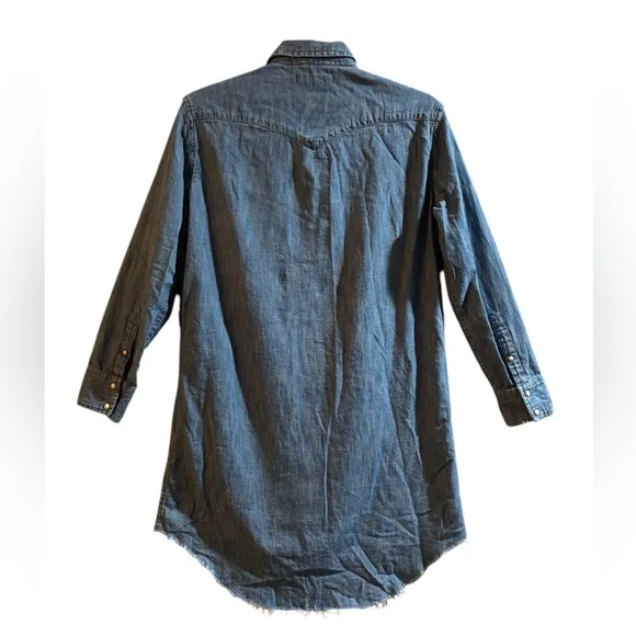 ALL SAINTS Zelda denim chambray mini dress lg sleeve pearl snap fraw hem Small