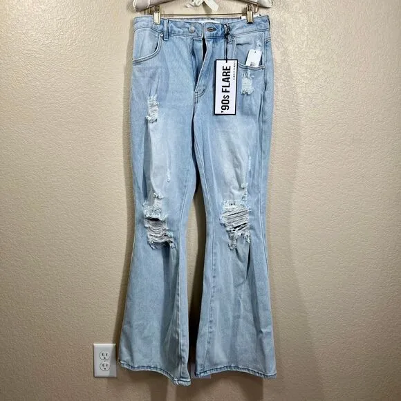 Almost Famous Distress Jeans 90's Flare Women's size 7 boho bell boots
