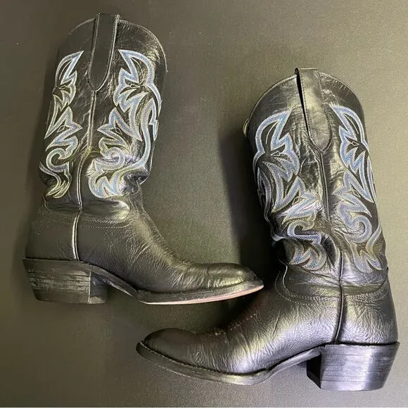 Amazonas Black Leather Western Cowboy Boot Sz 8.5 Vintage Cowtown Boots Blue