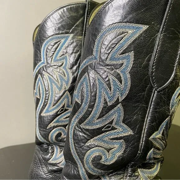 Amazonas Black Leather Western Cowboy Boot Sz 8.5 Vintage Cowtown Boots Blue