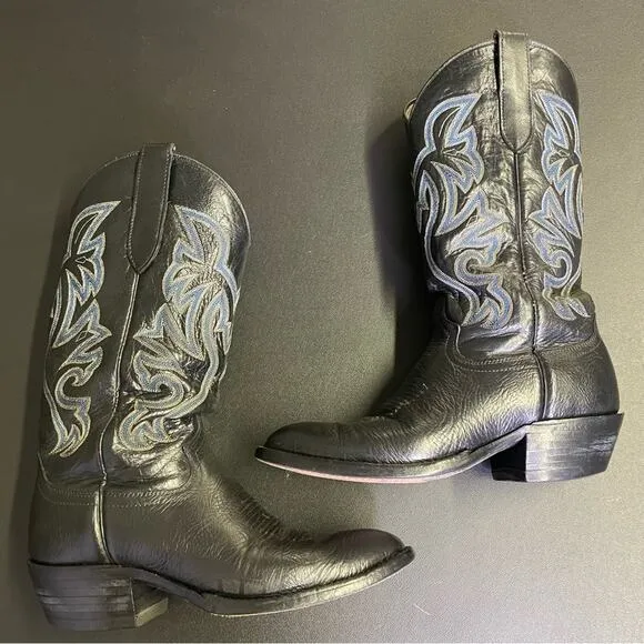 Amazonas Black Leather Western Cowboy Boot Sz 8.5 Vintage Cowtown Boots Blue