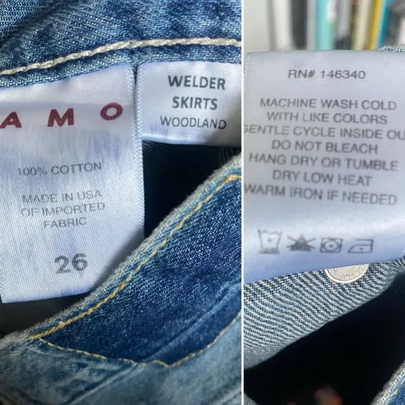 AMO Welder Denim Midi Skirt High Rise A-Line Raw Hem Boho Woodland Blue Sz 26