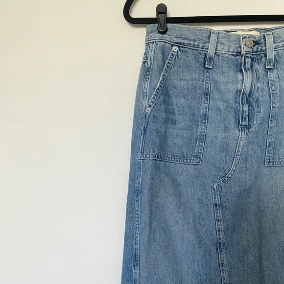 AMO Welder Denim Midi Skirt High Rise A-Line Raw Hem Boho Woodland Blue Sz 26