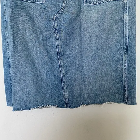 AMO Welder Denim Midi Skirt High Rise A-Line Raw Hem Boho Woodland Blue Sz 26