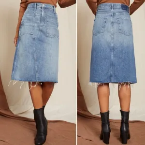 AMO Welder Denim Midi Skirt High Rise A-Line Raw Hem Boho Woodland Blue Sz 26