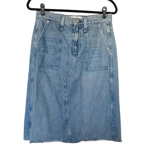 AMO Welder Denim Midi Skirt High Rise A-Line Raw Hem Boho Woodland Blue Sz 26