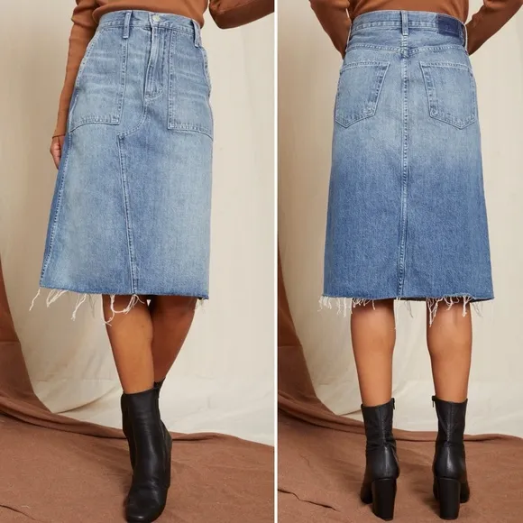 AMO Welder Denim Midi Skirt High Rise A-Line Raw Hem Boho Woodland Blue Sz 26