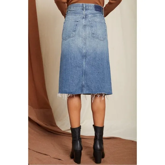 AMO Welder Denim Midi Skirt High Rise A-Line Raw Hem Boho Woodland Blue Sz 26