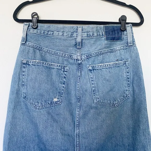 AMO Welder Denim Midi Skirt High Rise A-Line Raw Hem Boho Woodland Blue Sz 26