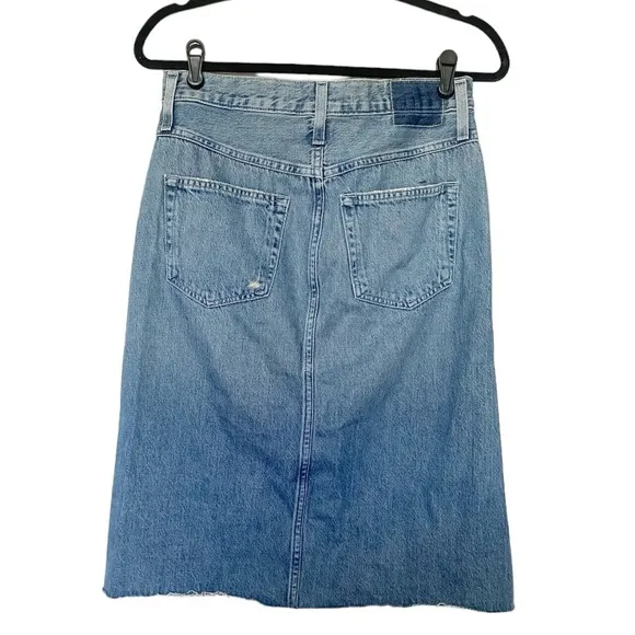 AMO Welder Denim Midi Skirt High Rise A-Line Raw Hem Boho Woodland Blue Sz 26