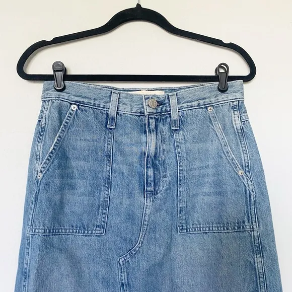 AMO Welder Denim Midi Skirt High Rise A-Line Raw Hem Boho Woodland Blue Sz 26