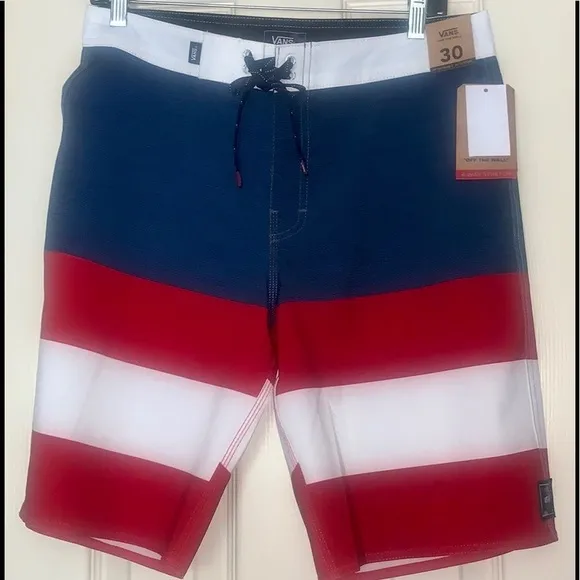 &gt;💙ERA BOARDSHORT STRIPES BLUE RED, WHITE WAIST BAND SWIM SHORTS BRAND NEW VANS