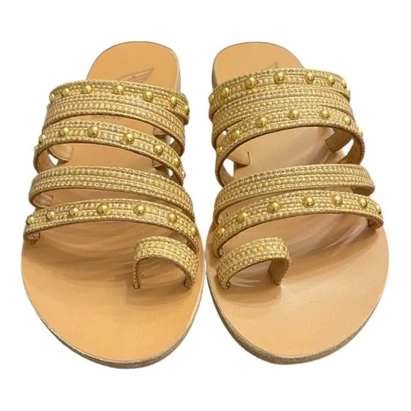 Ancient Greek Niki Raffia Studded Woven Strappy Slide Sandals Natural Size 36
