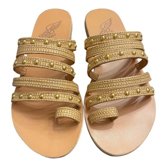 Ancient Greek Niki Raffia Studded Woven Strappy Slide Sandals Natural Size 36