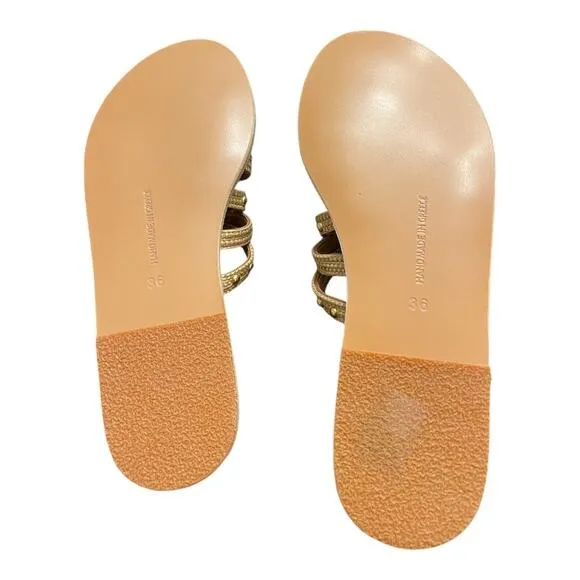 Ancient Greek Niki Raffia Studded Woven Strappy Slide Sandals Natural Size 36