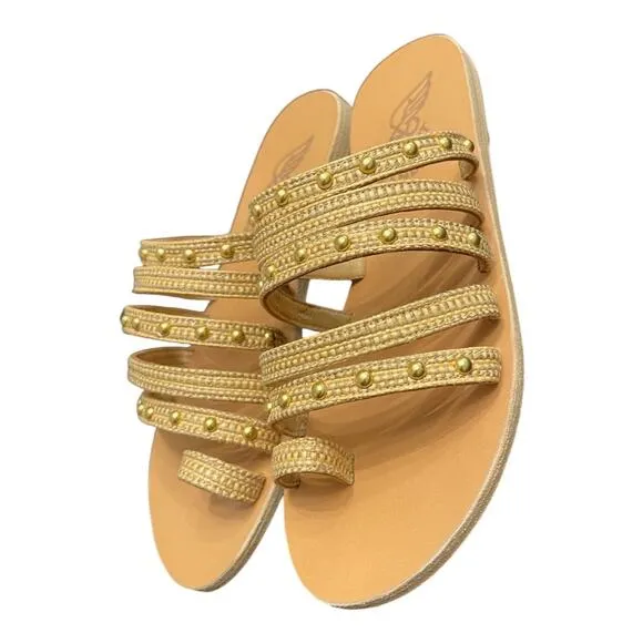 Ancient Greek Niki Raffia Studded Woven Strappy Slide Sandals Natural Size 36