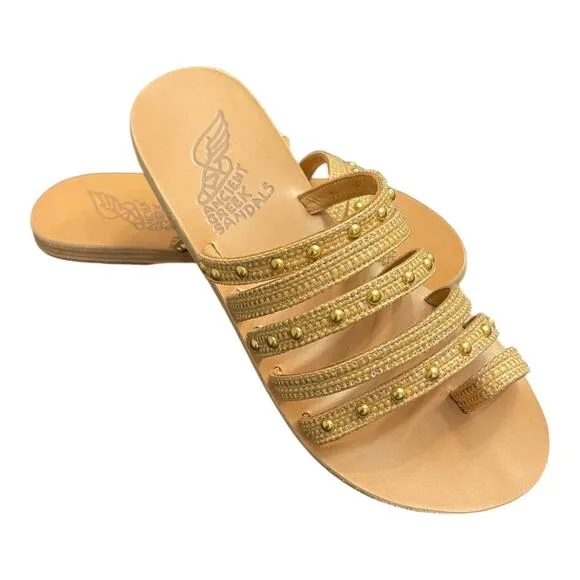 Ancient Greek Niki Raffia Studded Woven Strappy Slide Sandals Natural Size 36