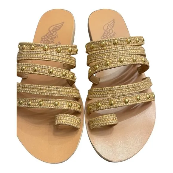 Ancient Greek Niki Raffia Studded Woven Strappy Slide Sandals Natural Size 36