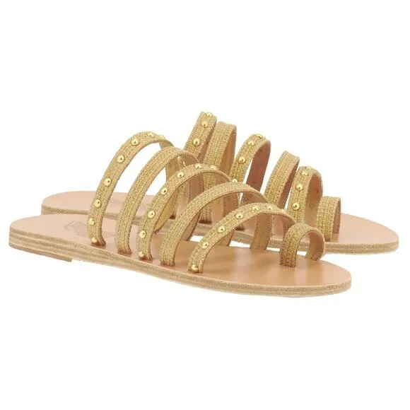 Ancient Greek Niki Raffia Studded Woven Strappy Slide Sandals Natural Size 36