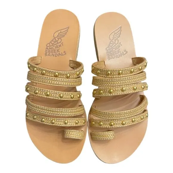 Ancient Greek Niki Raffia Studded Woven Strappy Slide Sandals Natural Size 36