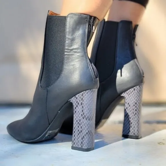 Ankle Zip Boots Pointed Toe Chunky Printed Block‎ Heels